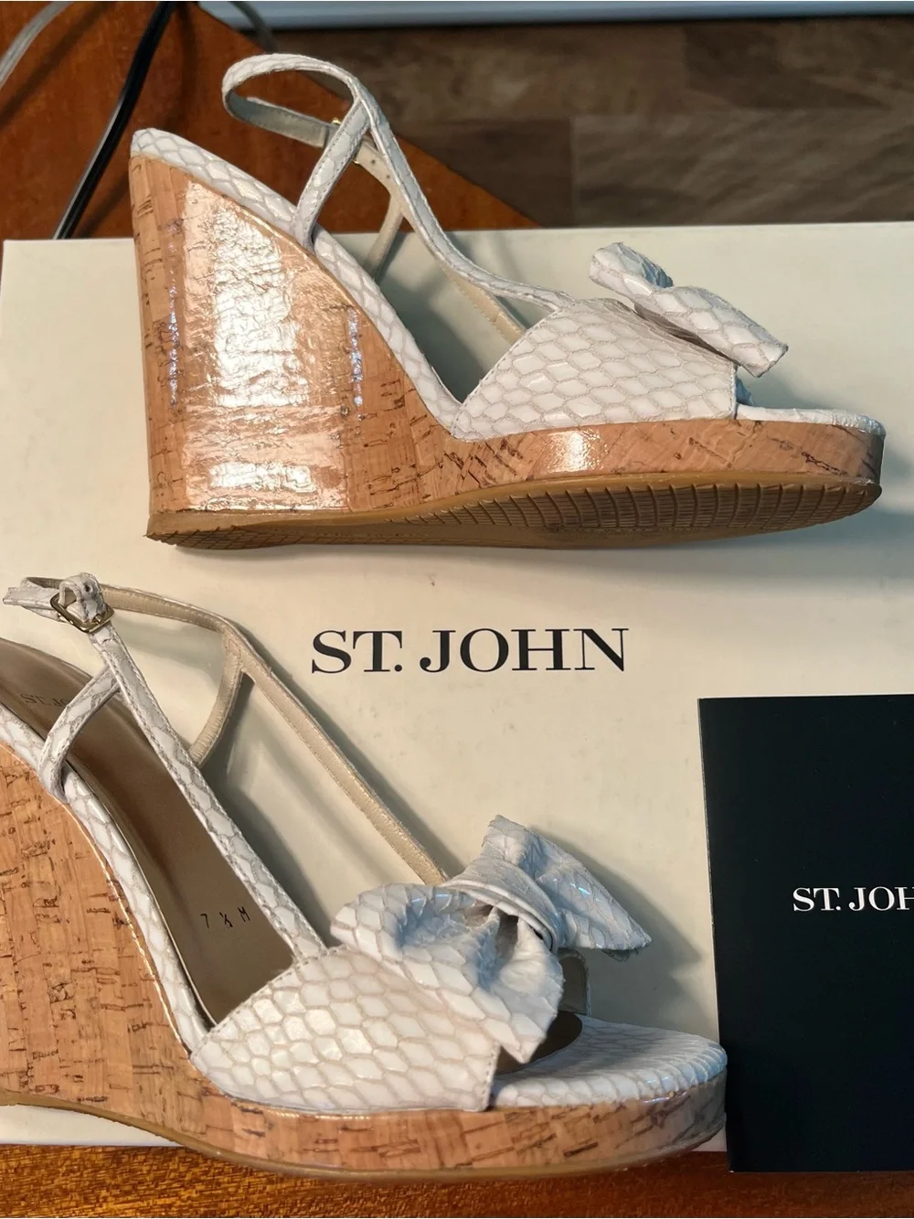 St. John White Textured Bow Wedge Sandals